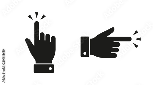 Black vector graphic illustration showing hands pointing and clicking gestures with simple minimalist modern icons
