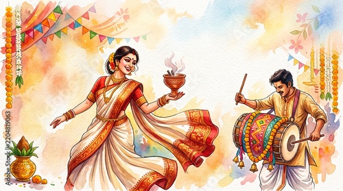 Watercolor illustration of durga puja celebration with dhak drum