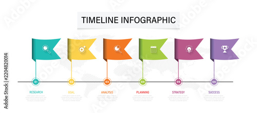 Business Timeline Infographic with Flag Markers and 6 Process Steps. Business Growth & Milestone Infographic. Vector Infographic. 