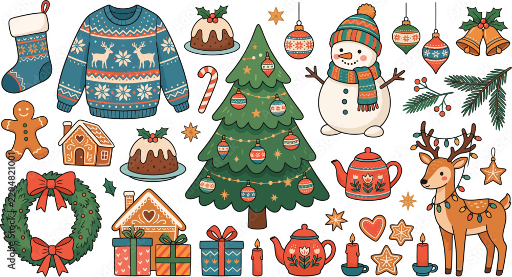 Fototapeta premium Festive christmas elements illustration with decorated trees gingerbread and winter accessories