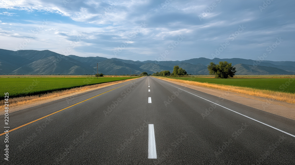 Obraz premium Long highway stretches into distance, surrounded by green fields, mountains, blue sky, peaceful and open landscape