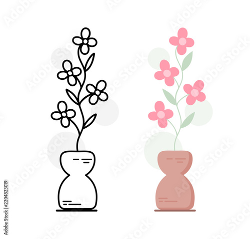 Multi Bloom Flower in Hourglass Vase Line Art and Flat Style Set