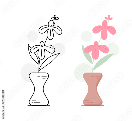 Orchid-style Flower in Curved Vase Line Art and Flat Style Set