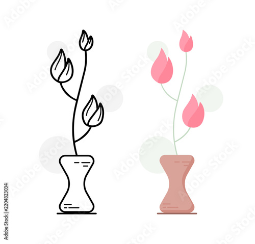 Floral Buds in Curved Vase Line Art and Flat Style Set