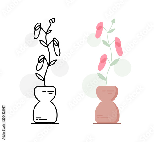 Elongated Bud Plant in Hourglass Vase Line Art and Flat Style Set