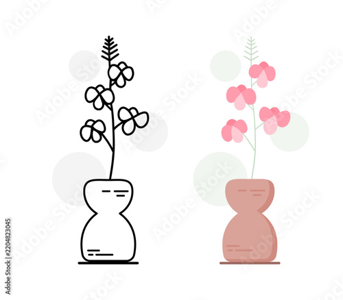 Wild Flower Cluster in Hourglass Vase Line Art and Flat Style Set