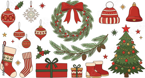 Christmas ornaments and decorations a colorful vector illustration
