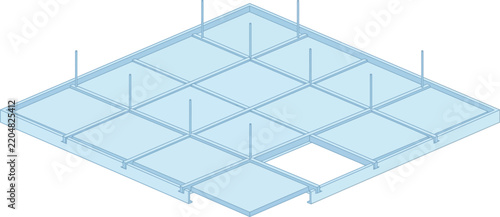 Isometric illustration of a suspended ceiling grid system with tiles.