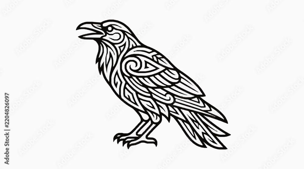 Fototapeta premium Tribal crow bird vector art design with black lines on white background