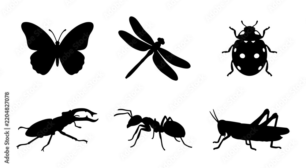 Fototapeta premium Insect Silhouettes Collection: Butterfly, Dragonfly, Ladybug, Ant, Beetle, Grasshopper Icons