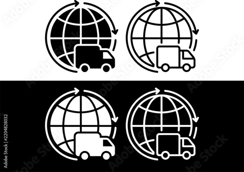 Worldwide Global Delivery Truck Icon Set for International Shipping Logistics Worldwide Freight Transport and Global Supply Chain