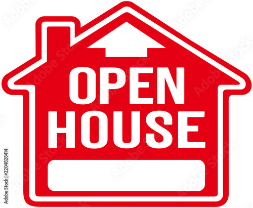 Red sign in the shape of a house indicating: open house
