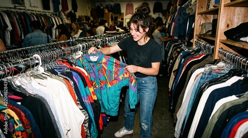Young woman shopping for vintage clothing in a crowded thrift store boutique.