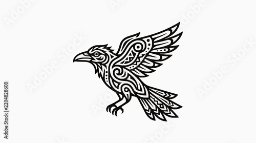 Tribal raven bird head graphic silhouette in stark black and white style