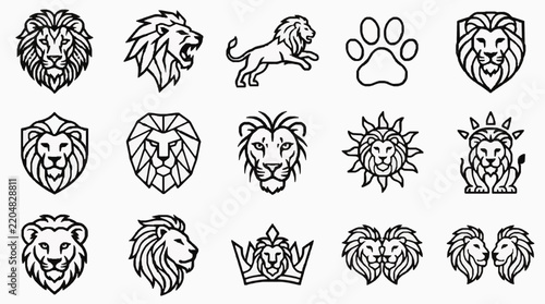 Black and white lion head outline set for logos and emblems