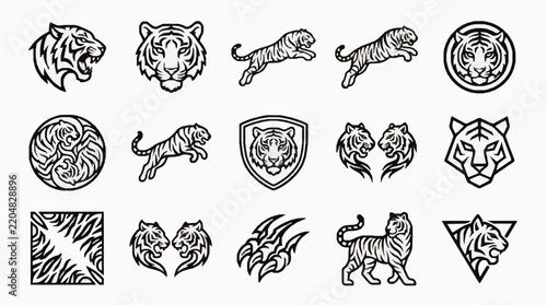 Tiger logos black and white animal icons collection set