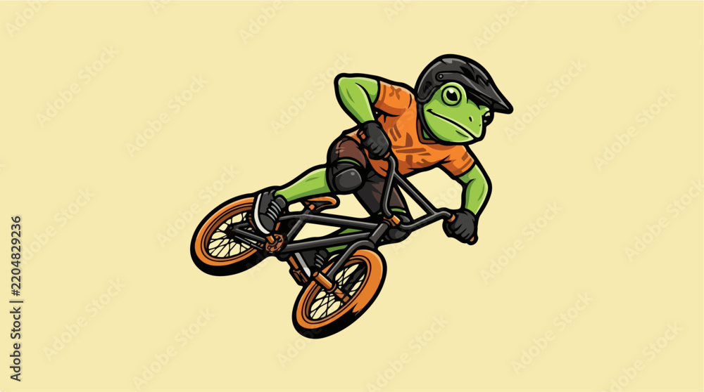 Fototapeta premium Cartoon frog riding mountain bike performing extreme jump.