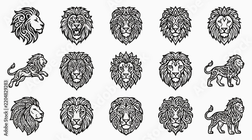 Tribal lion head and body tattoos set in black and white line art