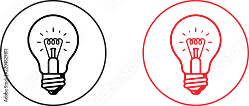 Two light bulb icons with black and red circle outlines isolated on a white background