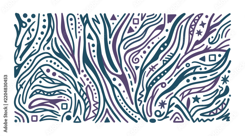 Fototapeta premium Intricate abstract illustration with flowing organic lines, geometric shapes, and whimsical dots, concept for modern bohemian artistic expression, ideal for textile prints, greeting cards, and