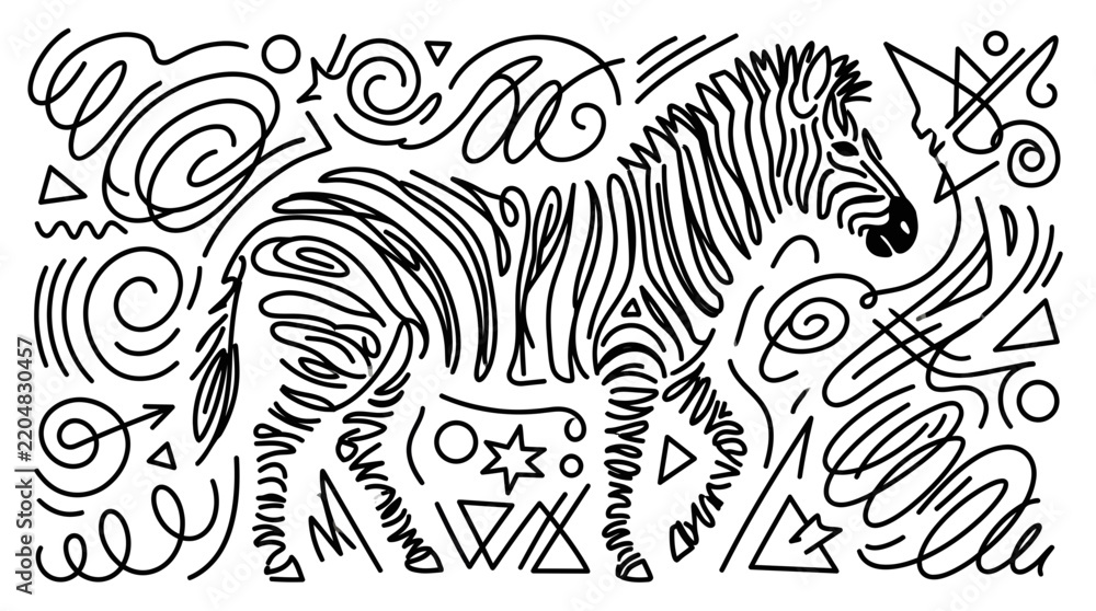 Fototapeta premium Abstract zebra illustration with intricate continuous lines and whimsical geometric shapes, concept for modern wildlife art, ideal for coloring pages, textile prints and creative branding