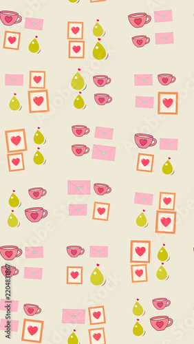 Фотография Seamless pattern of cups, envelopes, framed hearts, and pear shapes