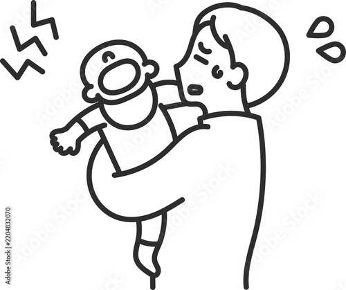ギャン泣き、夜泣きをする赤ちゃんをあやす育児疲れのお父さんのイラスト　線画のみ