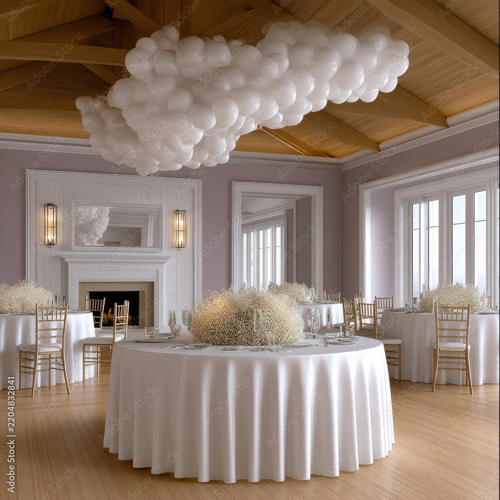 Fototapeta premium Elegant ballroom with round tables, white tablecloth, wooden ceiling, cloud balloon decor, natural light, festive mood