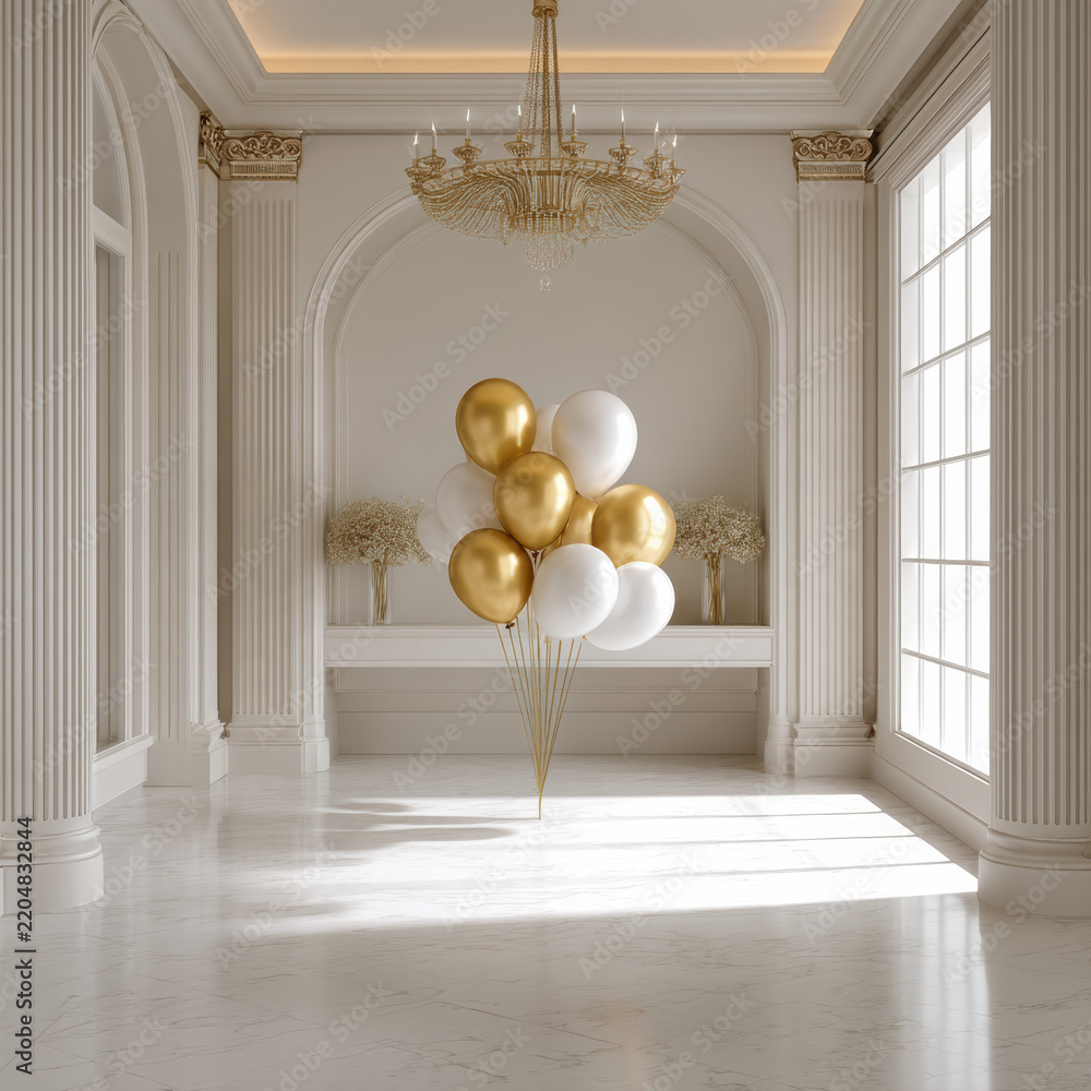 Obraz premium Elegant ballroom with gold and white balloons, marble floor, grand chandelier, classic columns, luxurious decor