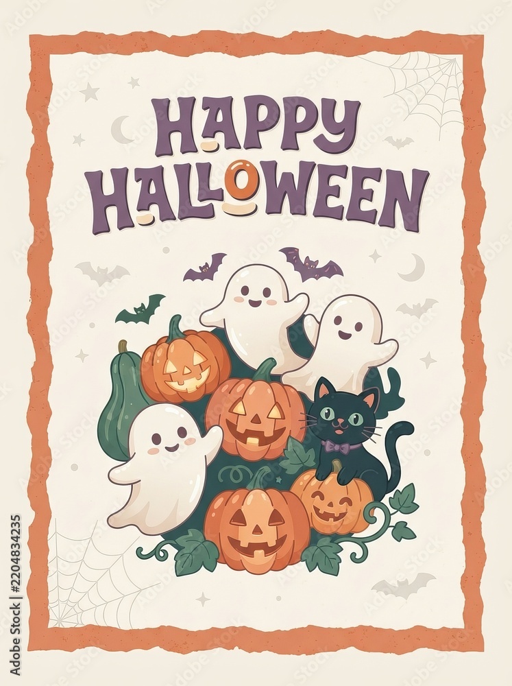 Fototapeta premium HAPPY HALLOWEEN Cute Poster with Ghosts, Pumpkins, Cat and Bats