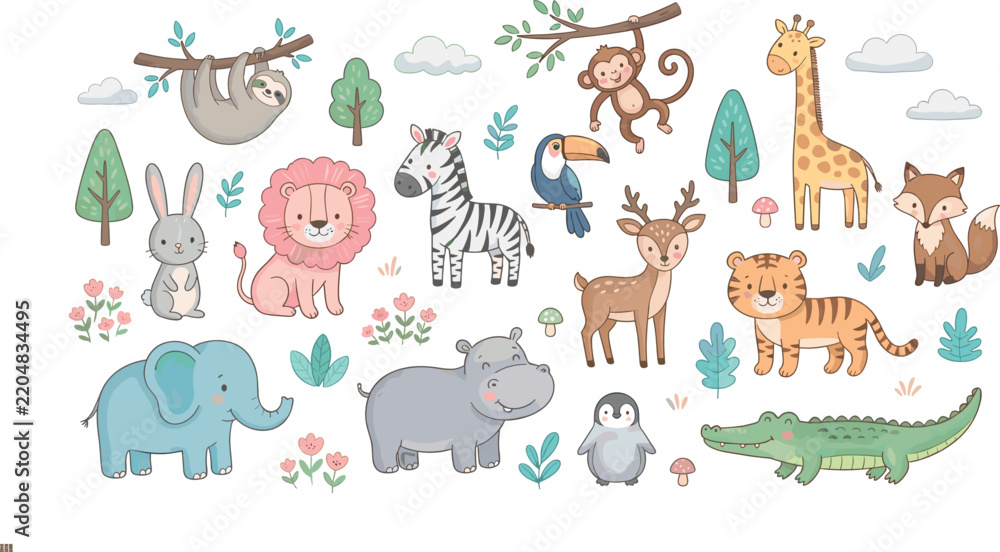 Fototapeta premium Cute Safari and Jungle Animals Clipart Vector Illustration Set with Lion Elephant Giraffe Zebra Tiger Sloth Monkey and Crocodile for Nursery Wall Art Design