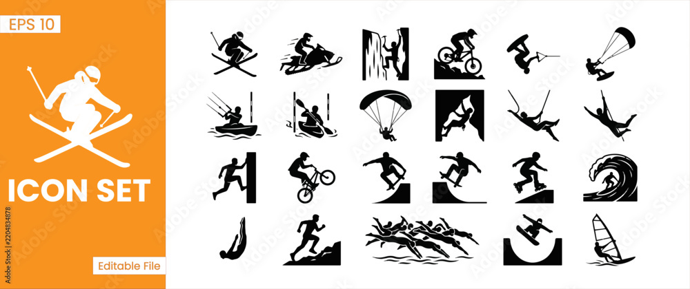Fototapeta premium Extreme Sports And Outdoor Action Silhouette Icon Set Vector Illustration