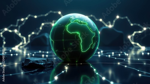 Glowing earth sits atop reflective surface. Lines connect points creating network effect. Dark background enhances vibrant colors.