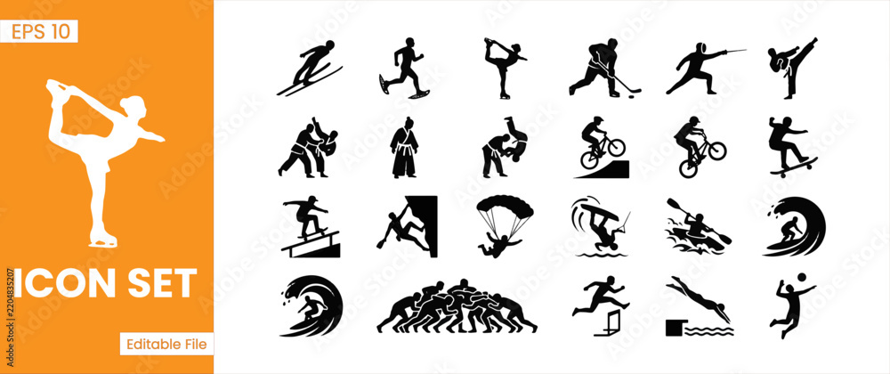 Obraz premium Winter En Extreme Sports Athlete Activity Silhouette Icon Set Vector Illustration