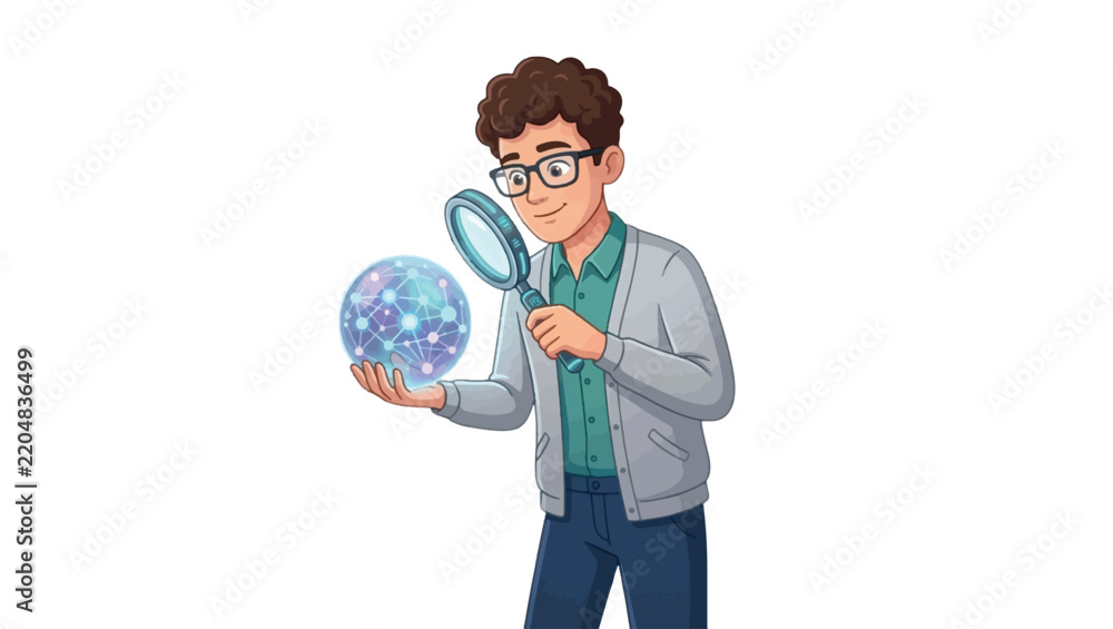 Fototapeta premium Man examining futuristic globe with magnifying glass in scientific manner
