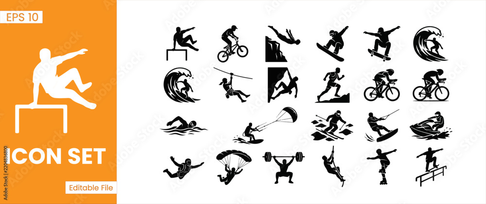 Fototapeta premium Extreme Sports And Outdoor Adventure Silhouette Icon Set Vector Illustration