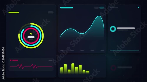 Digital dashboard interface with animated data visualization charts and energy monitoring metrics