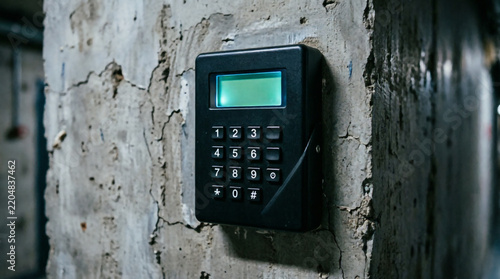 Security keypad access control system mounted on cracked concrete wall in dim corridor.