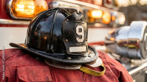 Firefighter helmet with number 9 on protective turnout gear, black fireman helmet resting on red jacket, emergency response equipment