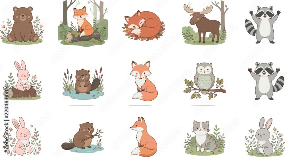 Obraz premium Cute Woodland Animals and Forest Wildlife Character Icon Set for Children Books, Nursery Wall Art Decor, Stickers, and Educational Design Projects
