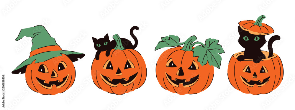 Fototapeta premium Retro vintage Halloween elements of carved smiling pumpkins with witch hat and black cat