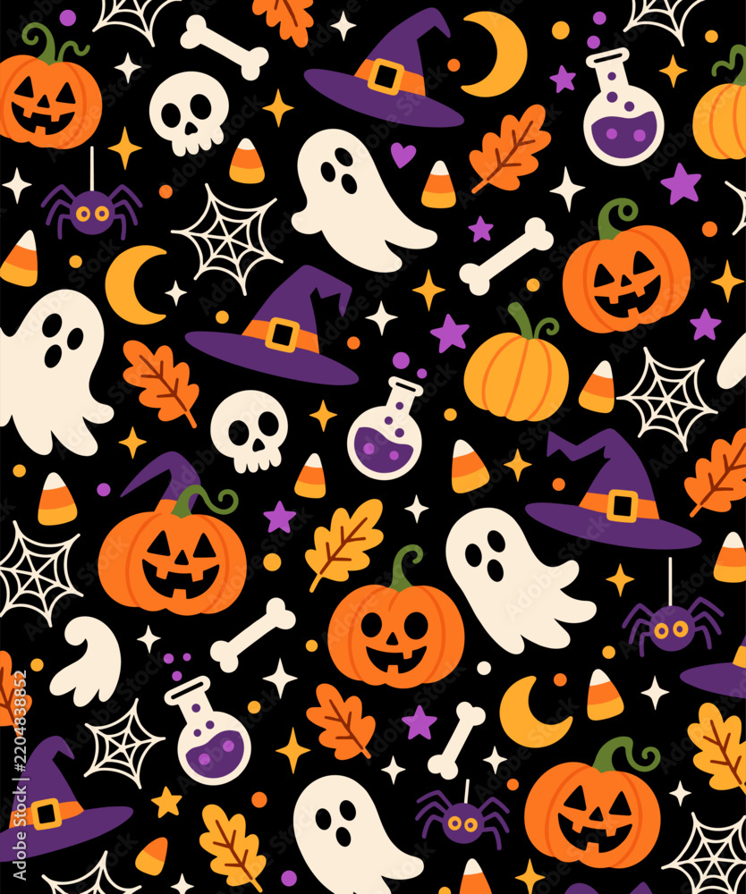 Fototapeta premium Cute Halloween Ghost Pumpkin and Witch Hat Seamless Pattern on Black Background