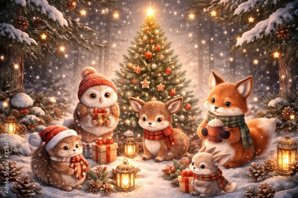 Fototapeta premium Cozy woodland creatures celebrate Christmas.