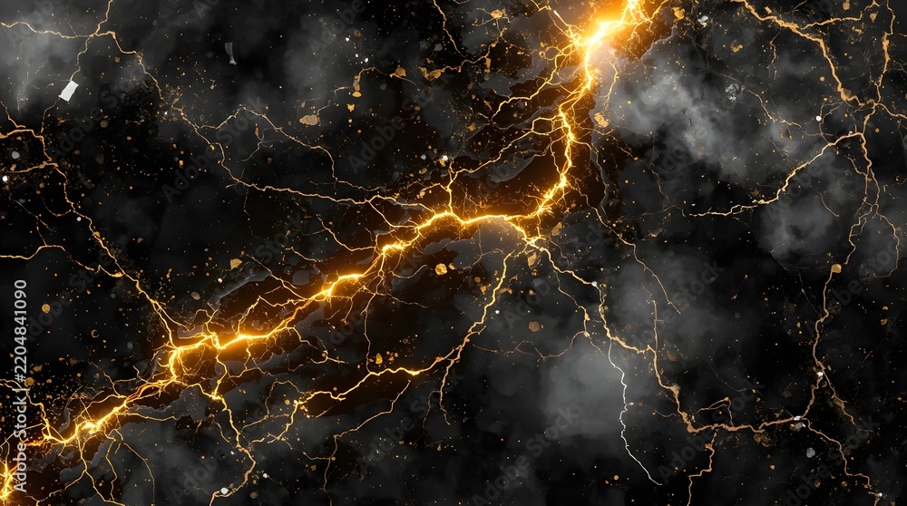 Fototapeta premium Abstract background of black obsidian with glowing golden cracks, lava and lightning texture