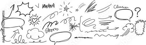 Black and white hand drawn doodle sketch of various elements star, shape, arrows on transparent background