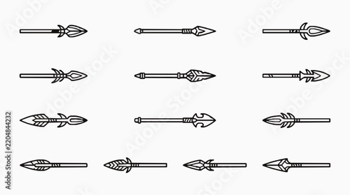 Set of diverse tribal arrows and medieval spears in monochrome style