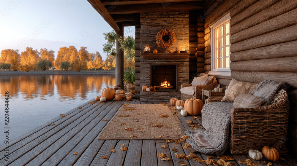 Fototapeta premium Cozy lakeside log cabin patio with autumn decor, pumpkins, wicker chairs, fireplace, and warm sunset light