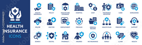 Health Insurance icon set. Containing Healthcare, Medical Coverage, Insurance Policy and Health Protection Solid Vector Collection