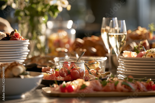 Italian Brunch Buffet with Fresh Food and a Glass of Sparkling Wine