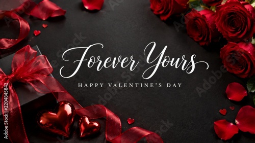Valentines Day Celebration With Roses, Gifts, and Decorations on a Black Surface